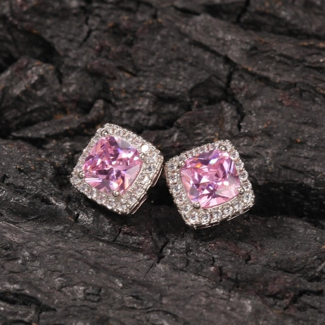 Square Zirconia Pink Earrings  Bling Micro Paved Cubic Zircon