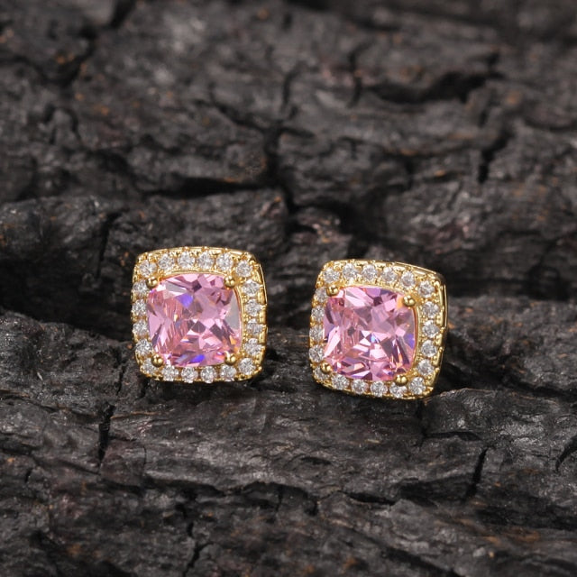 Square Zirconia Pink Earrings  Bling Micro Paved Cubic Zircon