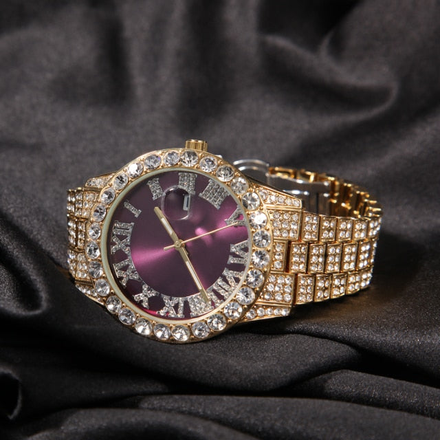 Big Dial Watches Pink Purple Blue Black Full Iced Out Men Stainless Steel Fashion Luxury Rhinestones Quartz