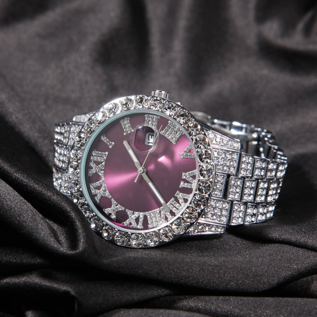 Big Dial Watches Pink Purple Blue Black Full Iced Out Men Stainless Steel Fashion Luxury Rhinestones Quartz