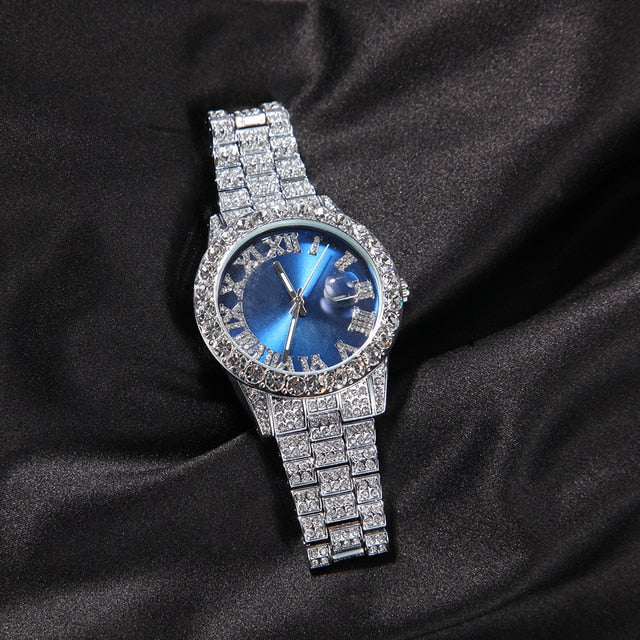 Big Dial Watches Pink Purple Blue Black Full Iced Out Men Stainless Steel Fashion Luxury Rhinestones Quartz