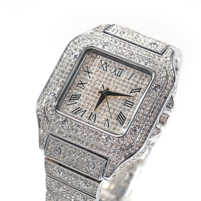 Square Full Iced Out Watches Men Stainless Steel Fashion Luxury Rhinestones Quartz Square