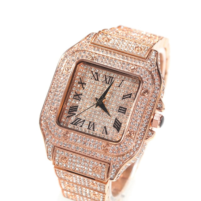 Square Full Iced Out Watches Men Stainless Steel Fashion Luxury Rhinestones Quartz Square