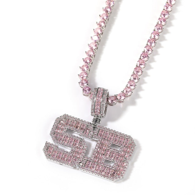 Pink Baguette Letters Custom Name Necklace Pendant With Heart Tennis Chain or baguette chain Iced Out