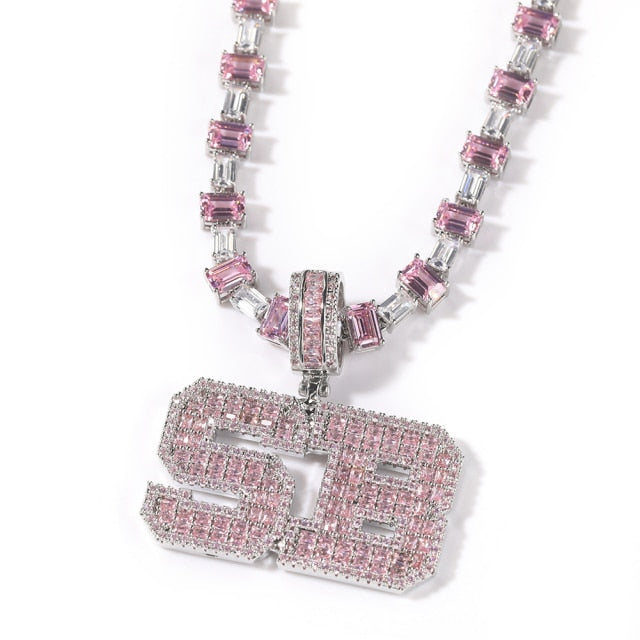 Pink Baguette Letters Custom Name Necklace Pendant With Heart Tennis Chain or baguette chain Iced Out