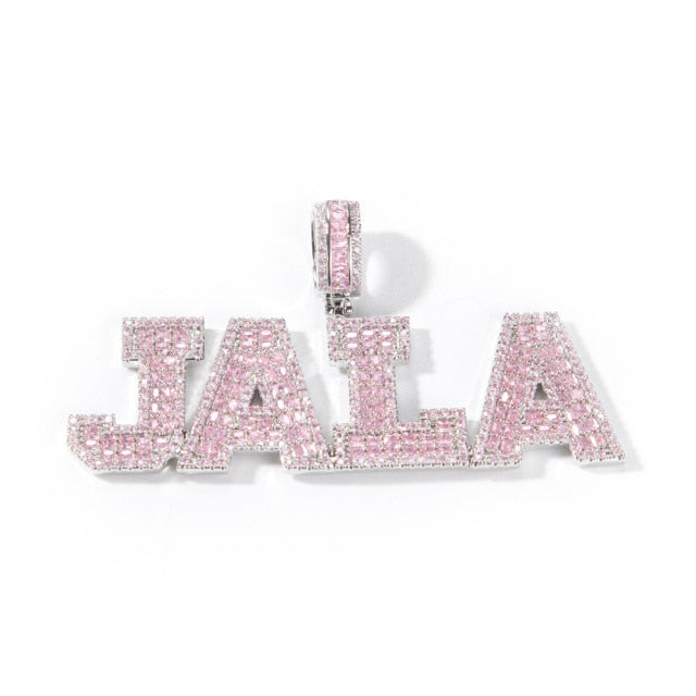 Pink Baguette Letters Custom Name Necklace Pendant With Heart Tennis Chain or baguette chain Iced Out