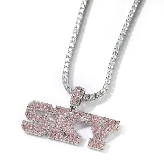 Pink Baguette Letters Custom Name Necklace Pendant With Heart Tennis Chain or baguette chain Iced Out