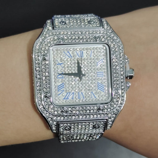 Square Full Iced Out Watches Men Stainless Steel Fashion Luxury Rhinestones Quartz Square