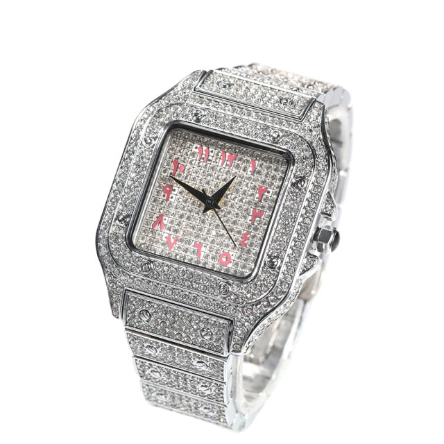 Square Full Iced Out Watches Men Stainless Steel Fashion Luxury Rhinestones Quartz Square