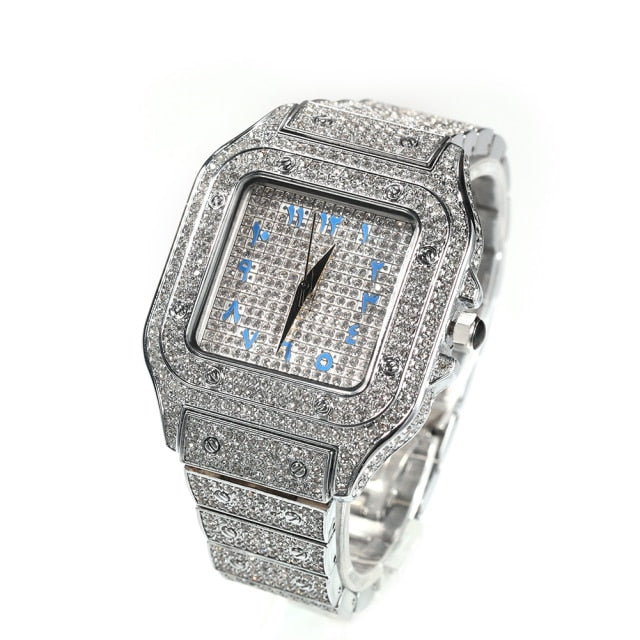 Square Full Iced Out Watches Men Stainless Steel Fashion Luxury Rhinestones Quartz Square